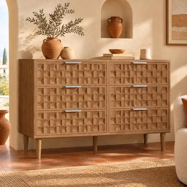 Credenza 120x37x77 cm in MDF con 6 cassetti e maniglie in metallo, effetto rovere