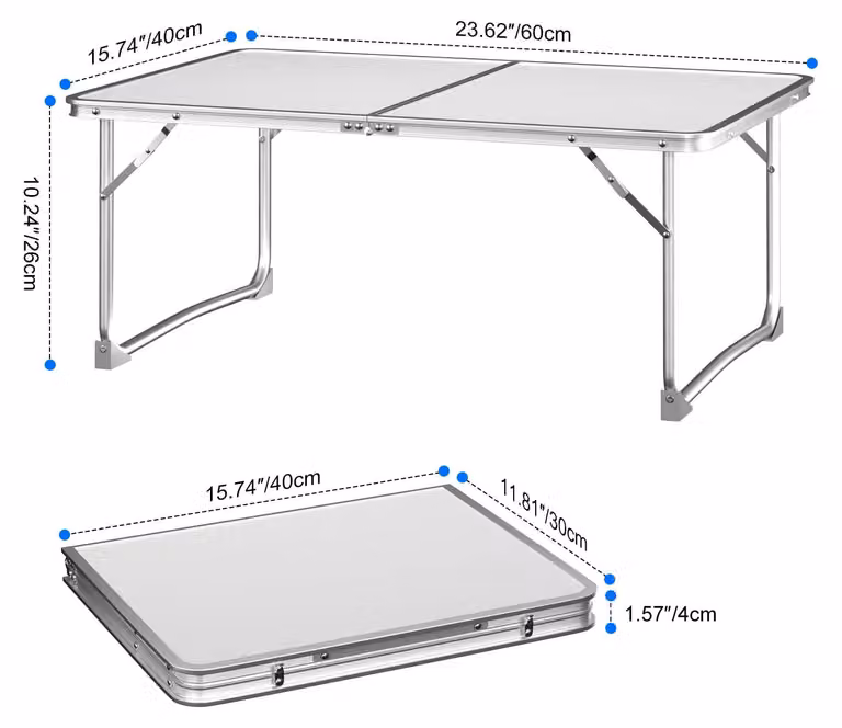 Tavolino pieghevole - Tavolo da campeggio - Tavolo da giardino portatile - Pieghevole - Struttura in metallo - Per 2 persone - 60 x 40 x 26 cm - Bianco