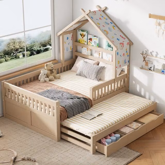 Letto a casetta 140 × 200 cm con letto estraibile e 3 cassetti in legno color crema con barriere di protezione