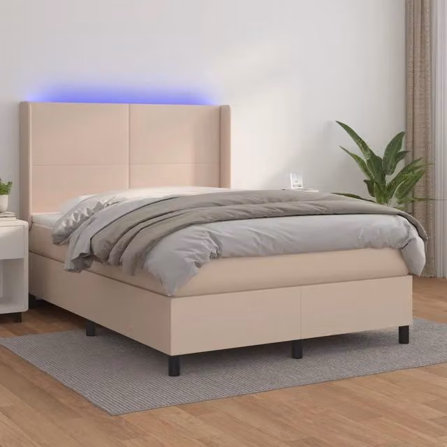Letto con contenitore, materasso ibrido a molle e illuminazione LED vidaXL, color cappuccino, similpelle e tessuto, L/P/H: 193 x 147 x 128 cm