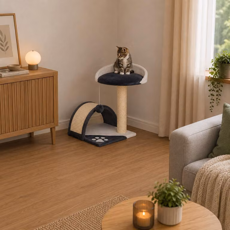 Albero per gatti Belviona, tiragraffi salvaspazio con superfici in sisal, giochi e piattaforma riposo, grigio/bianco