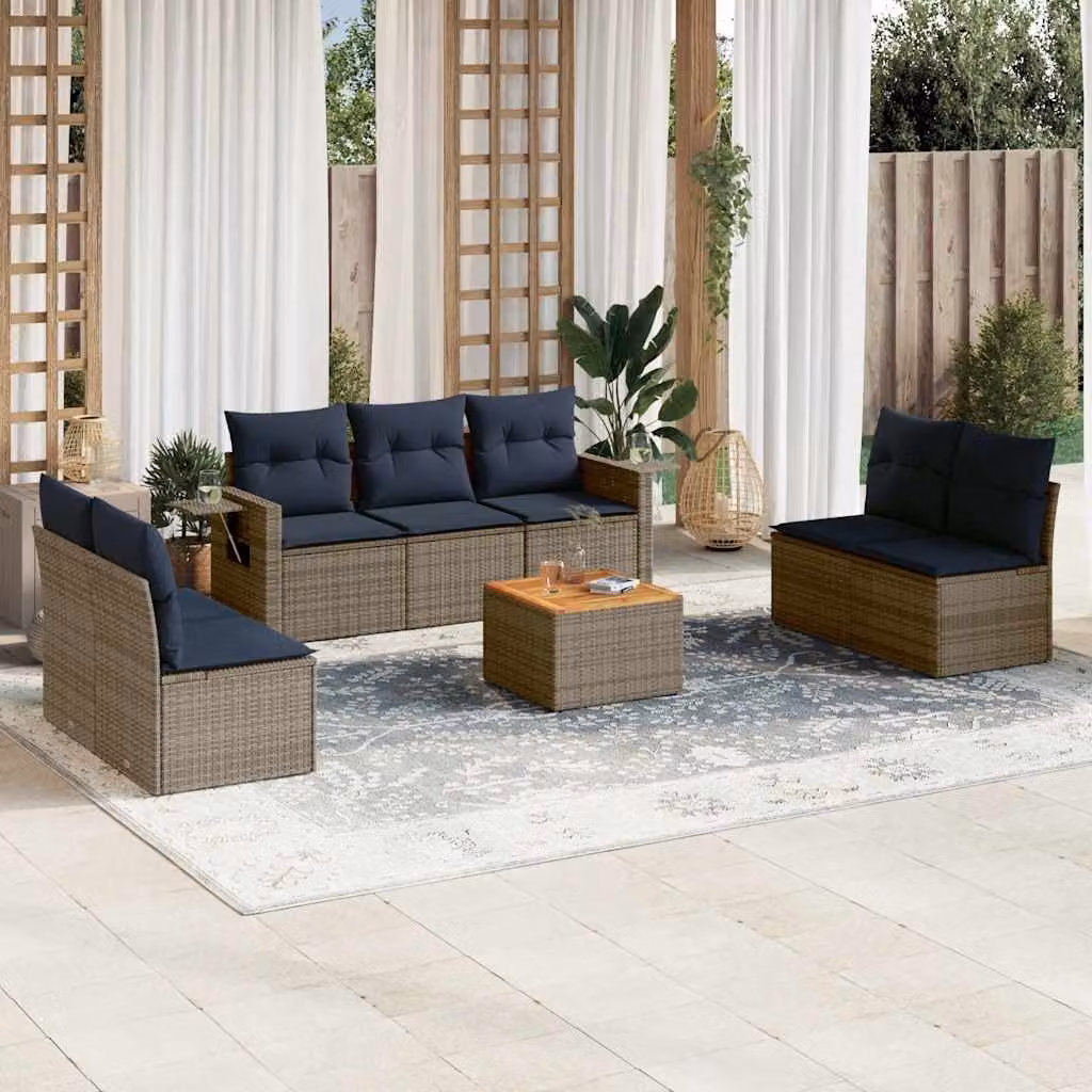 Set di divani da giardino vidaXL in polyrattan grigio con cuscini, tavolino e divani componibili a L per esterno