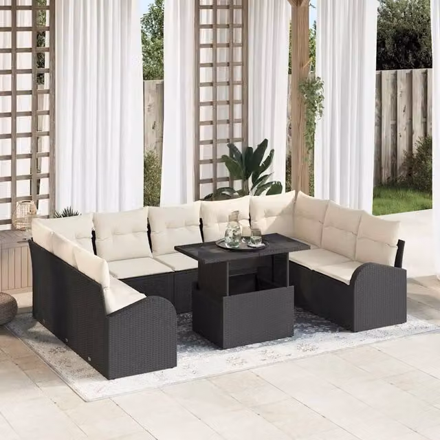 Set Divano da Giardino 10 pz Nero e Crema polyrattan 3348703