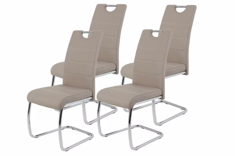 Hela Tische, set di 4 sedie per sala da pranzo a sbalzo Flora - rivestimento in Pelle finta beige - struttura in metallo a tubo tondo cromato - portata 120 kg - schienale con maniglia