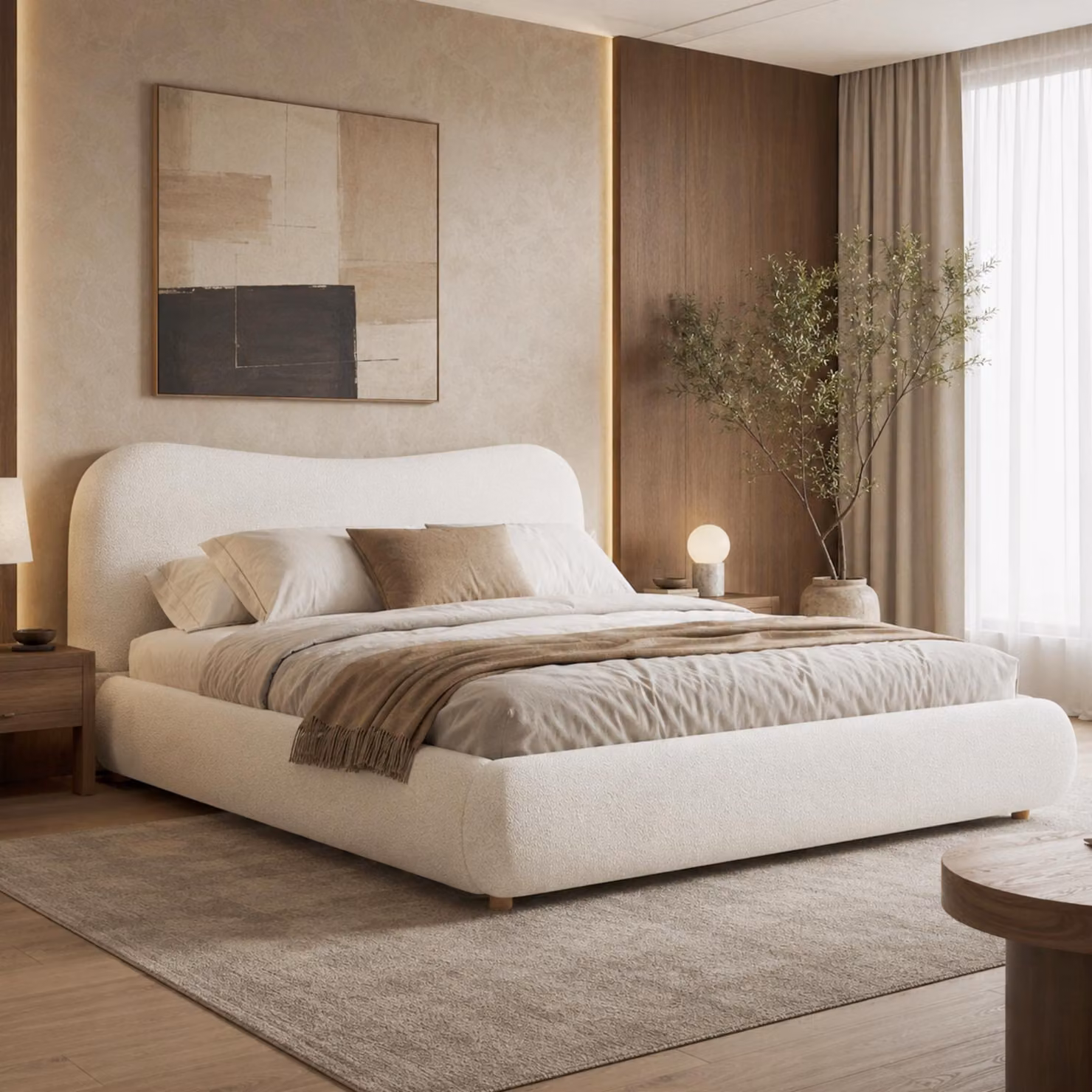 Letto imbottito okwish 180x200 con contenitore, testiera imbottita e rete a doghe, letto matrimoniale con gambe in legno massello, tessuto boucle, color beige, senza materasso