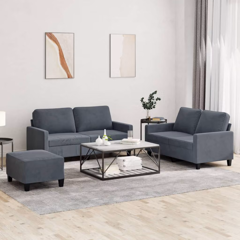 Set di divani 3 pezzi vidaXL in velluto grigio con cuscini per soggiorno in stile moderno – 1