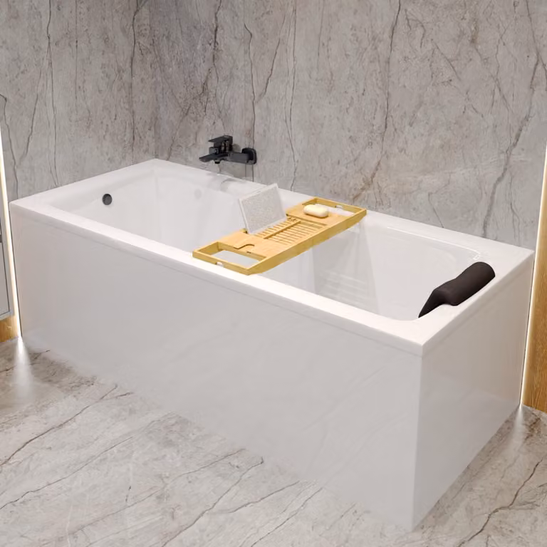 Vasca da bagno rettangolare 160x75 + grembiule in acrilico + poggiatesta + ripiano in bambù, scarico e piedini GRATIS | set completo 6in1 vasca da bagno originale in acrilico sifone | BADLAND TALIA