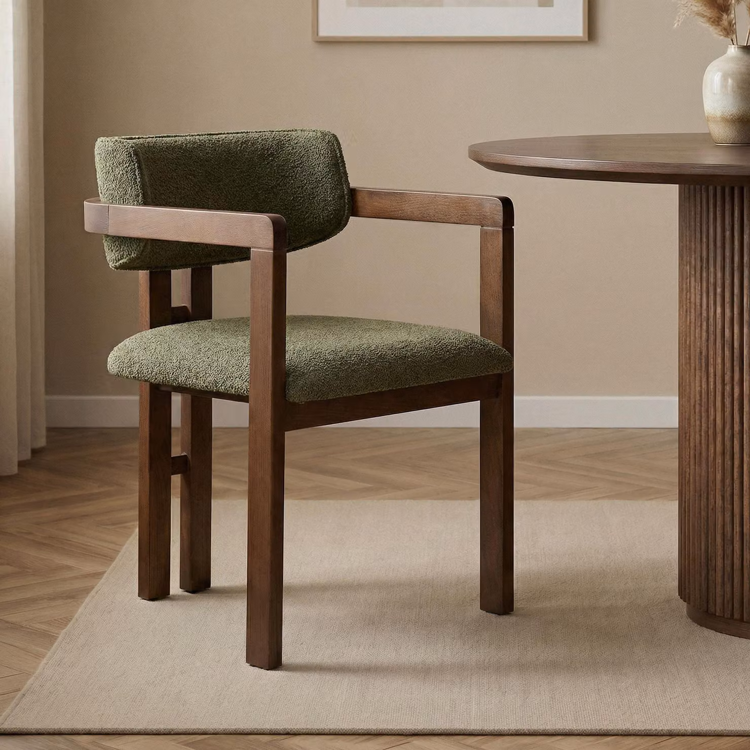 Skye Decor, sedia di alta qualità con struttura in legno di faggio al 100%, rivestimento in poliestere con trama in ciniglia, facile da pulire, 54 x 76 x 54 cm, verde e noce scuro, moderna ed elegante.