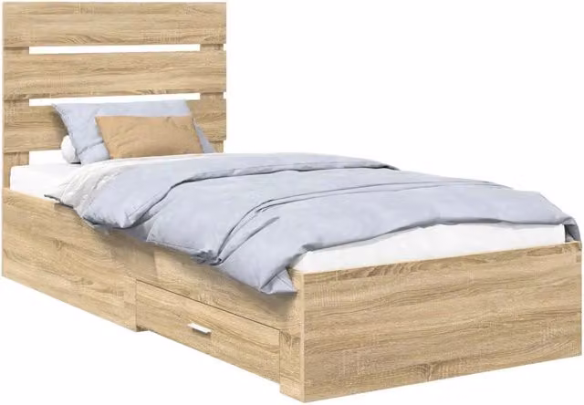 Letto singolo per adulti con cassetti in rovere e argento L: 80 cm, P: 190 cm, H: 100 cm