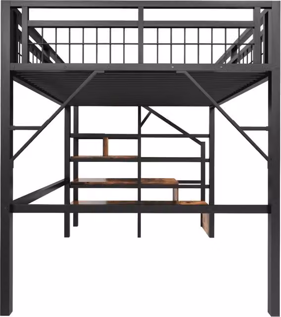 Letto a soppalco 140x200 cm in ferro con scala contenitore e illuminazione LED, nero, senza materasso