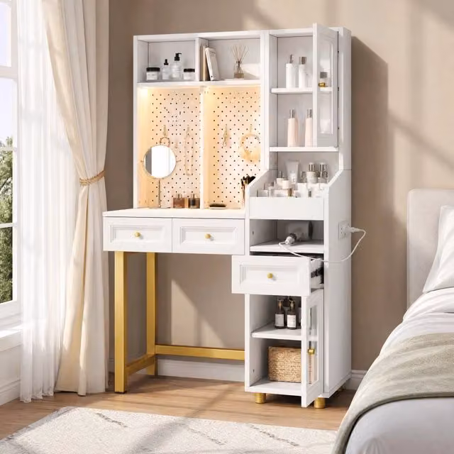 Toeletta Mivray con LED e stazione di ricarica, 3 cassetti e pannello con 5 ganci, Bianco e Oro, L: 100 cm, P: 45 cm, H: 156 cm