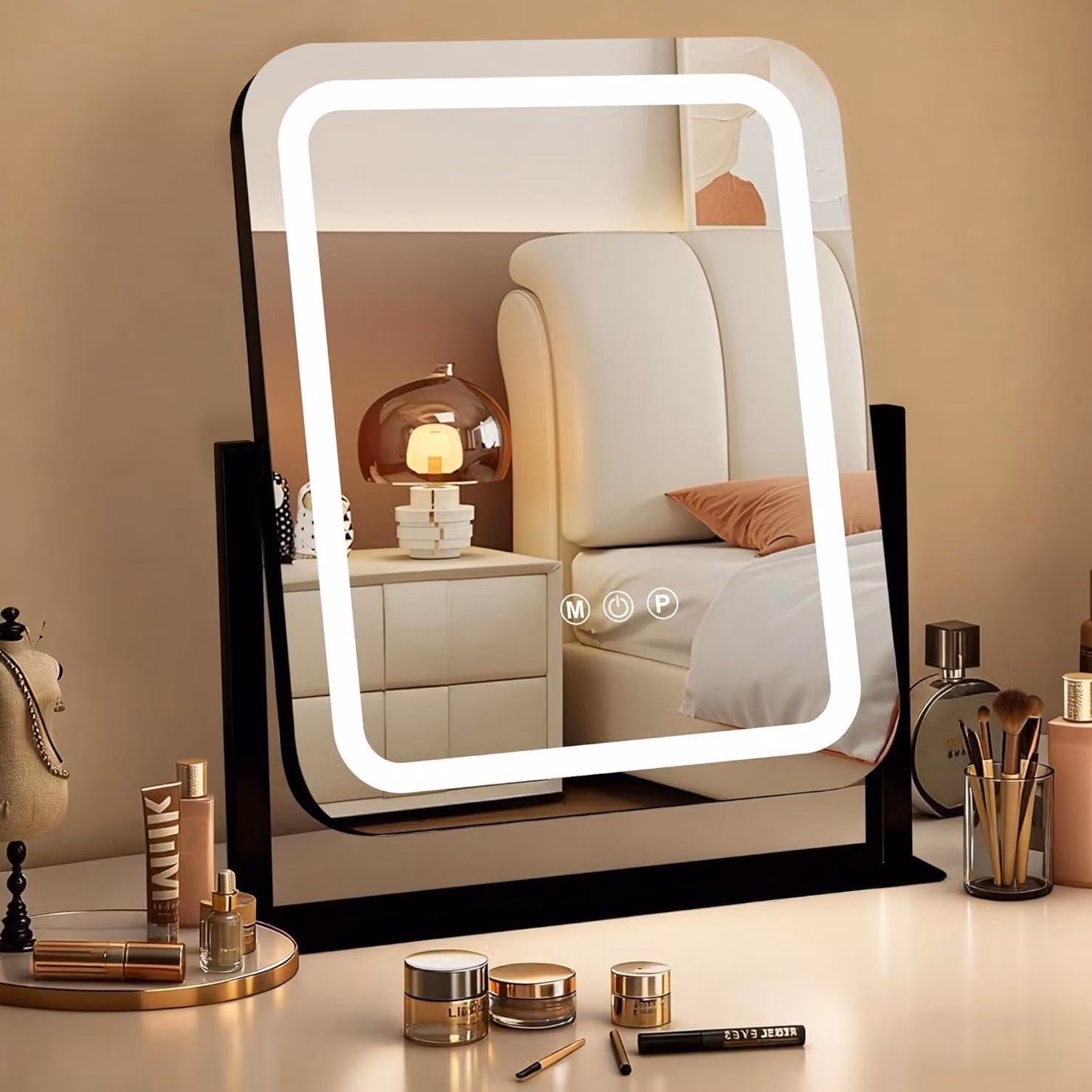 Specchio da trucco con illuminazione regolabile, dimensioni 32x37 cm, 3 livelli di luminosità, ideale per un'applicazione precisa