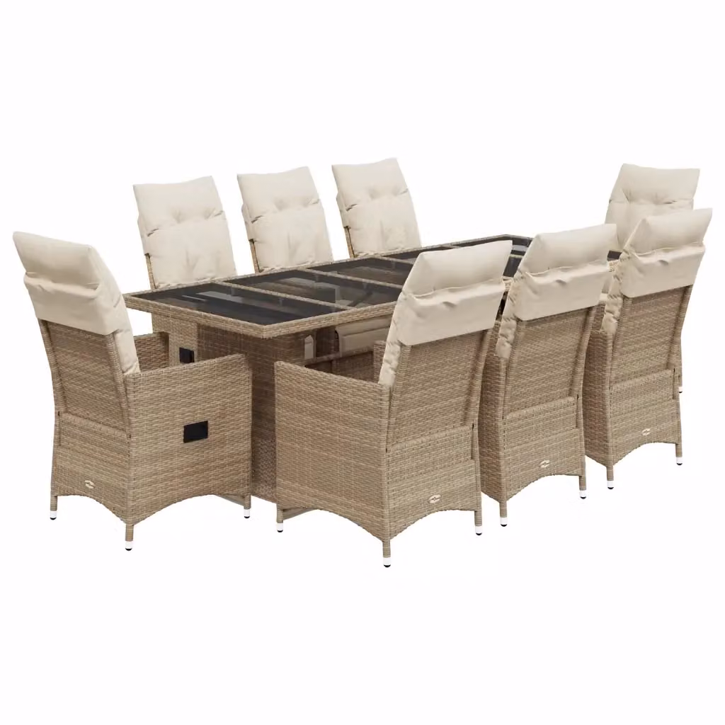 vidaXL Set da Bistrò da Giardino 9 pz in Polyrattan con Cuscini Beige e Piano in Vetro – 2