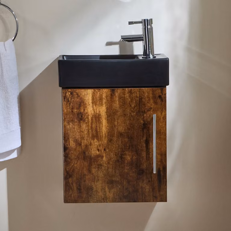 Mobile Bagno Rovere Scuro Sospeso da 400mm con Lavabo Nero e Maniglia con Barra a T Cromata - Cluo