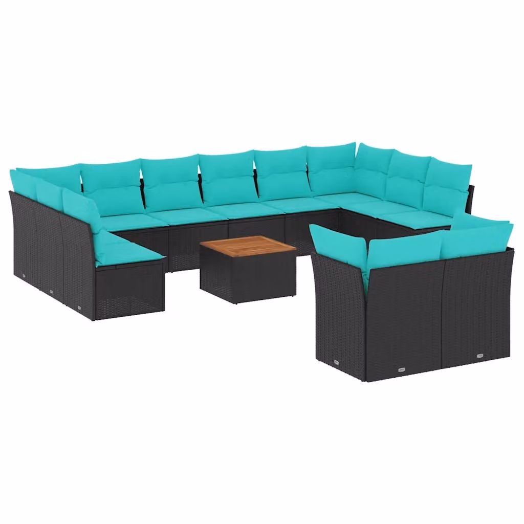 Set di Divani da Giardino vidaXL a Forma di U in Polyrattan con Cuscini e Tavolino da Caffè, Colore Nero, Blu o Turchese – 2
