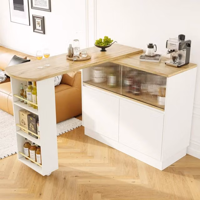 Mobile bar girevole OKWISH bianco con ante scorrevoli in vetro e ripiani in MDF per cucina e sala da pranzo L: 100 cm, P: 45 cm, H: 90 cm