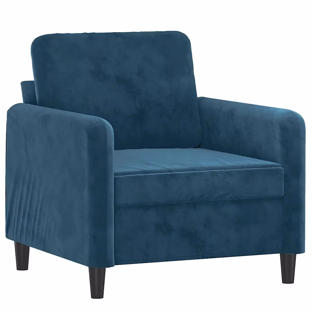 Poltrona moderna in velluto blu con braccioli e struttura in metallo per soggiorno – 2