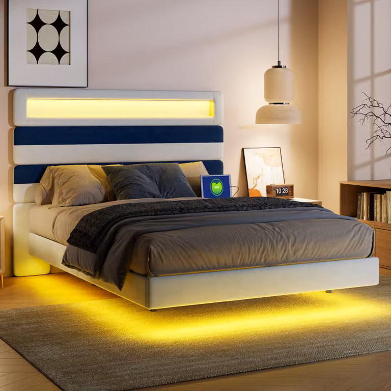 UnboxG Letto imbottito 140x190cm con USB, letto giovanile letto matrimoniale con rete a doghe e contenitore, letto contenitore con LED, velluto