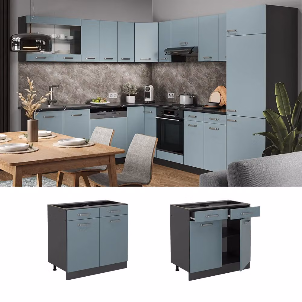 Mobiletto base per cucina Vicco R-Line Grigio-blu/Antracite con ante a battente e cassetti L: 80 cm – 2