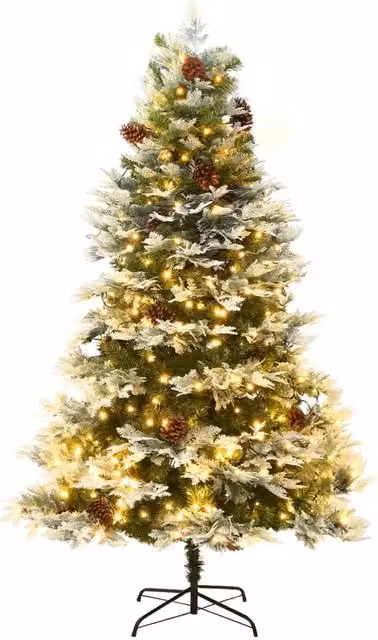 Albero di Natale Preilluminato con LED Bianco Caldo vidaXL, Verde con Pigne, Altezza: 195 cm, Materiali: PVC, PE e Metallo