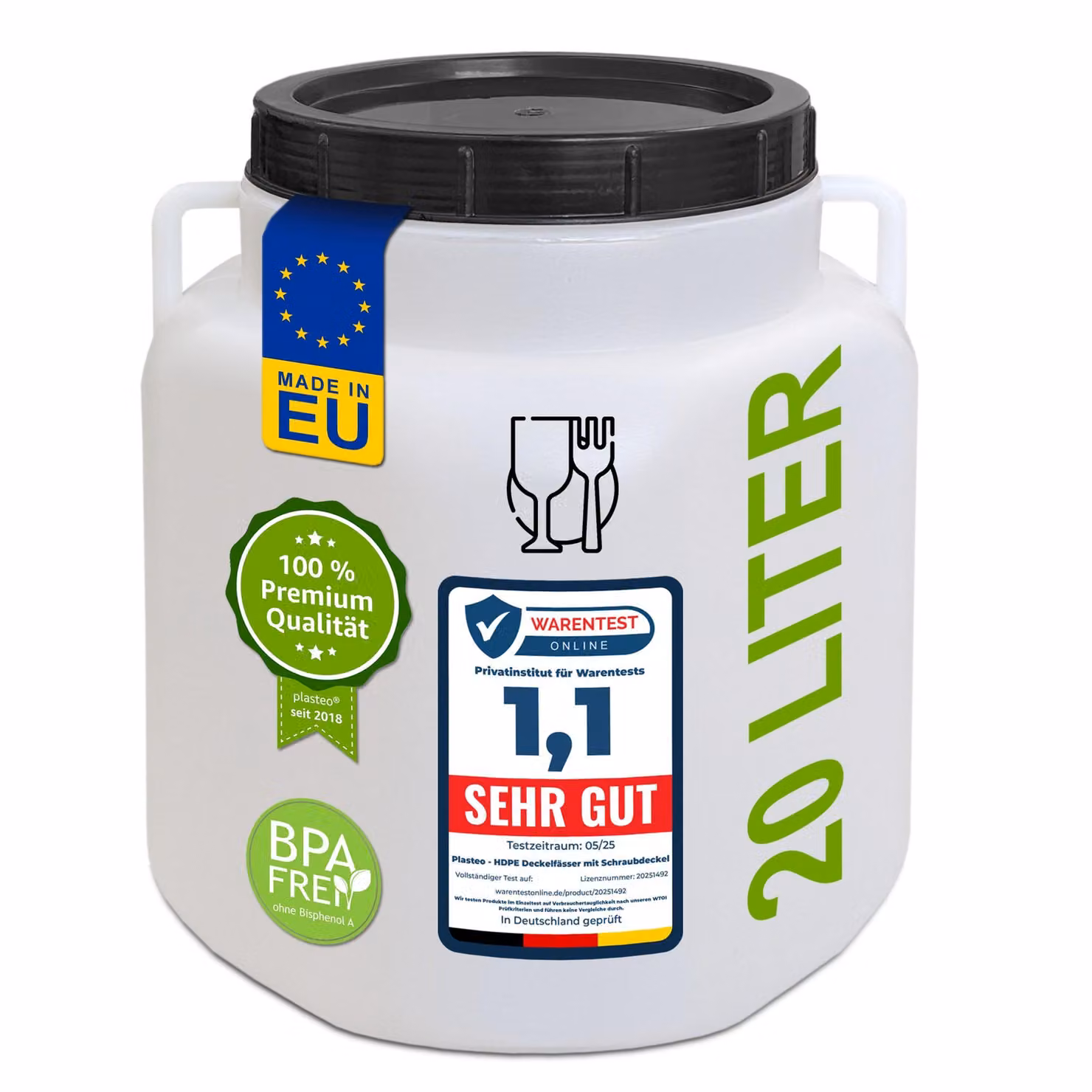 plasteo® Botte a collo largo da 20 litri naturale con coperchio e manici, senza BPA per alimenti Botte da campeggio Botte per crauti Botte per mangimi Contenitore con coperchio a vite