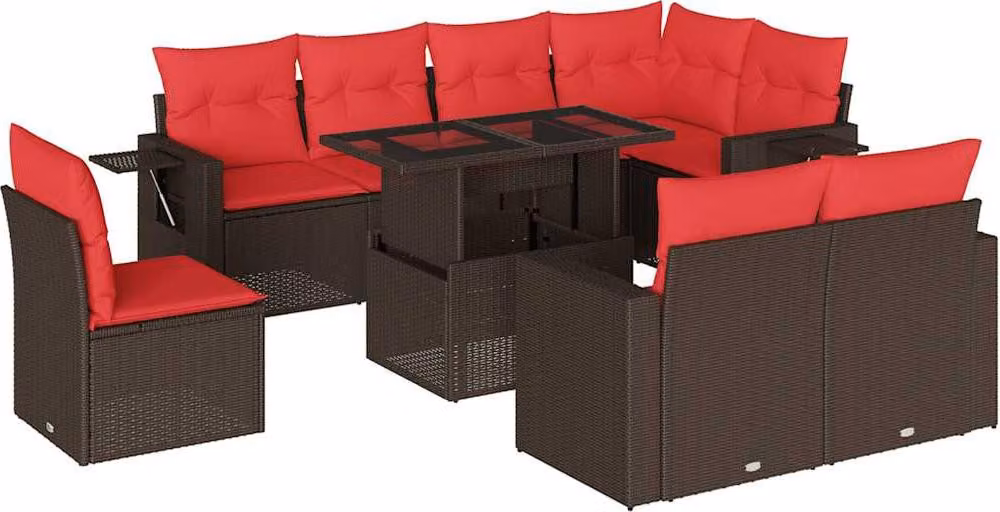 Set Divani da Giardino 9 pz con Cuscini Marrone in Polyrattan