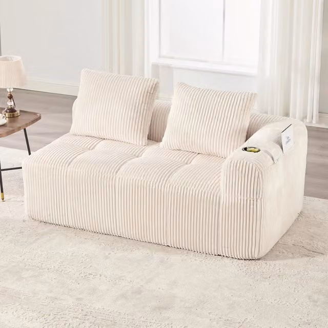 Divano a 2 posti REDOM in velluto a coste beige con tasche laterali e portabicchieri, Larghezza: 158 cm