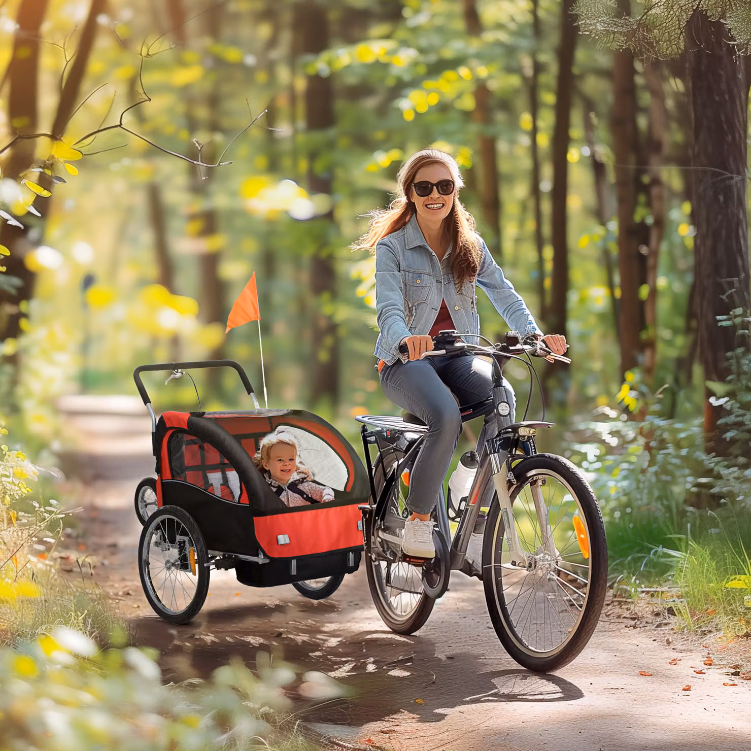Rimorchio per bicicletta per bambini 2 in 1 HOMCOM con cintura di sicurezza a 5 punti, riflettori, bandiera e tendina antivento, rosso – 2