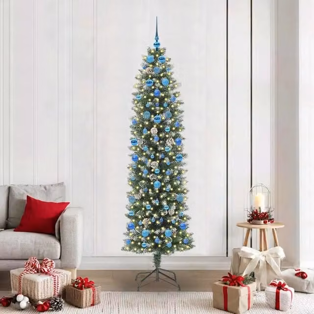 Albero di Natale Artificiale Sottile Moderno vidaXL Verde e Bianco con Luci LED Bianco Caldo – 1