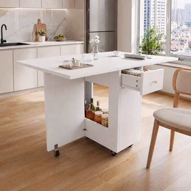 Desviae Tavolo da pranzo pieghevole mobile a 6 ruote con 2 cassetti e vano aperto in MDF bianco 120 × 75 × 75 cm