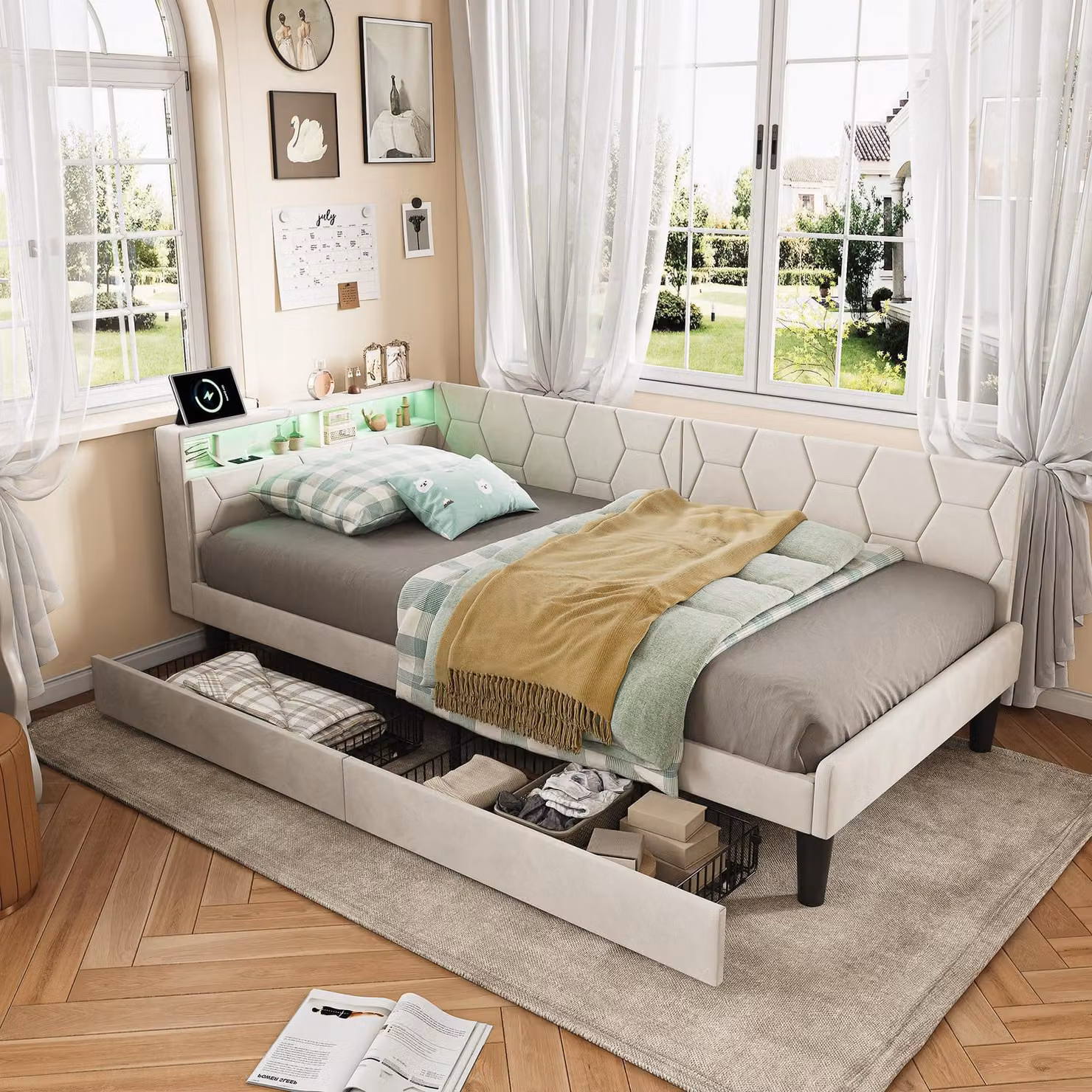 UnboxG Divano letto 90×200 cm Beige, divano imbottito in velluto con contenitore, 2 cassetti, testiera LED con USB e Type-C, funzione di trasformazione divano ↔ letto, letto per bambini e ospiti