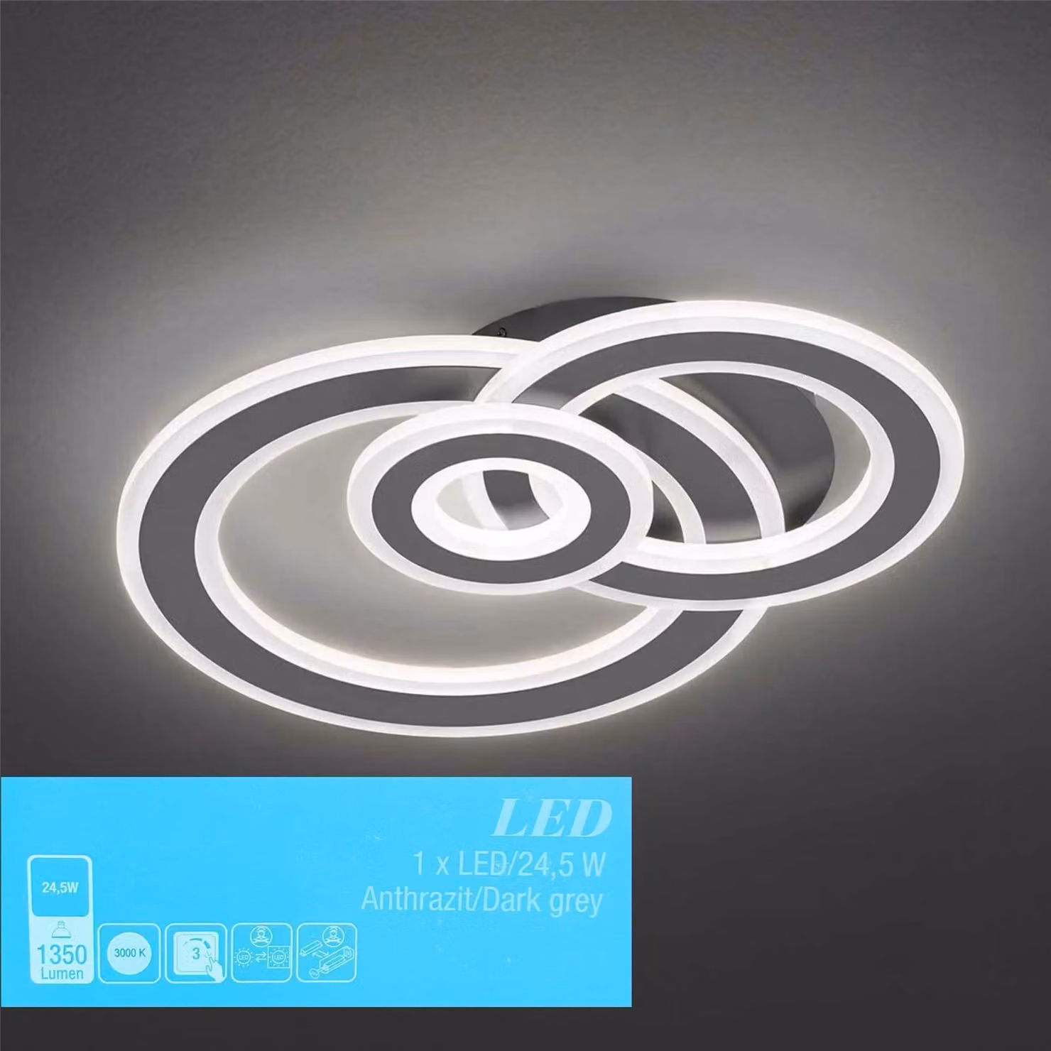 Plafoniera LED, metallo, dimmer a 3 livelli, L 47,5 cm, RIO