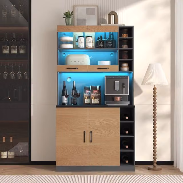 Mobile cucina ULEVR 100x47x187 cm con LED, vano per microonde e ripiani laterali regolabili, grigio e naturale