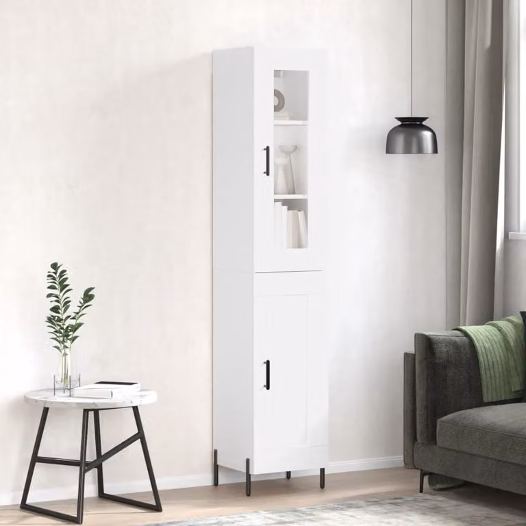 Credenza moderna bianca vidaXL con ante in vetro e ripiani interni, sospesa a parete, L/P/H: 34,5 x 34 x 180 cm