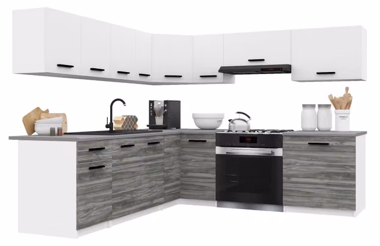 Belini - Angolo cottura moderno ITALIA 7 - Mobili da cucina 420 cm bianco-grigio Glamour opaco - Cucina componibile con pensili, mobili base e piani di lavoro