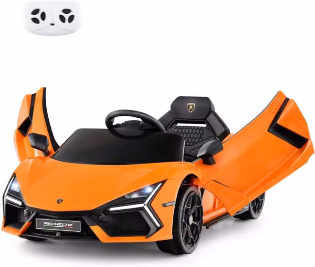 Auto elettrica Lamborghini telecomandata per bambini arancione con effetti luce e suono, batteria ricaricabile, L 105 cm x P 60 cm x H 40 cm