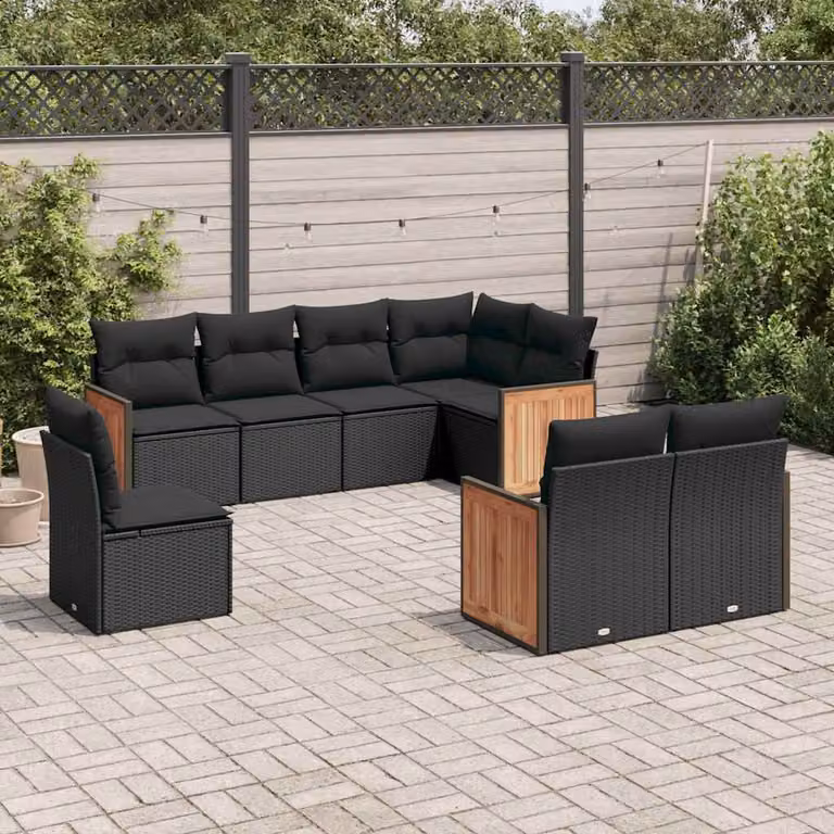 Set di divani da giardino vidaXL a forma di L in polyrattan nero con 8 cuscini imbottiti e coperture rimovibili