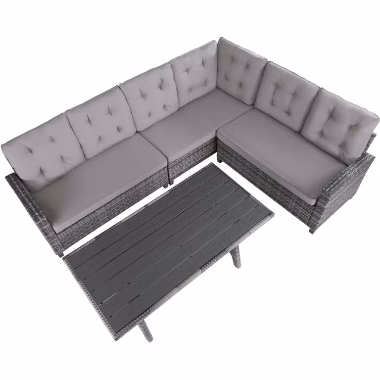 Salottino da esterno a L Tectake in polyrattan grigio con divano a 2 posti, tavolino e cuscini inclusi
