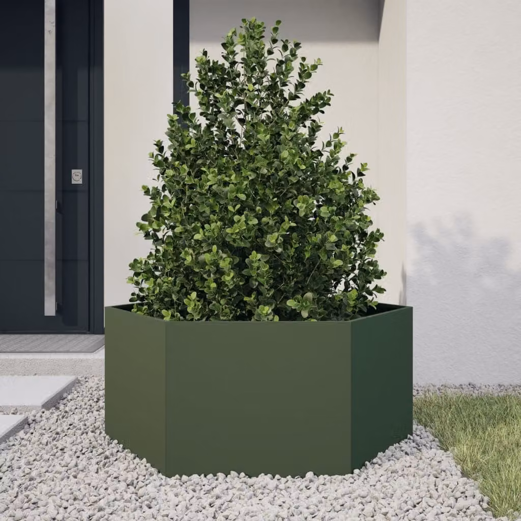vidaXL Fioriera da Giardino Verde Oliva Esagono 104x90x45 cm Acciaio