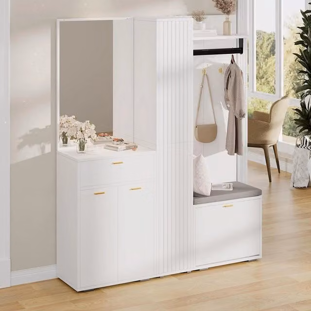 Armadio ingresso con specchio - Xylo - 150x36x180 cm - Bianco - Panca, appendiabiti, scarpiere