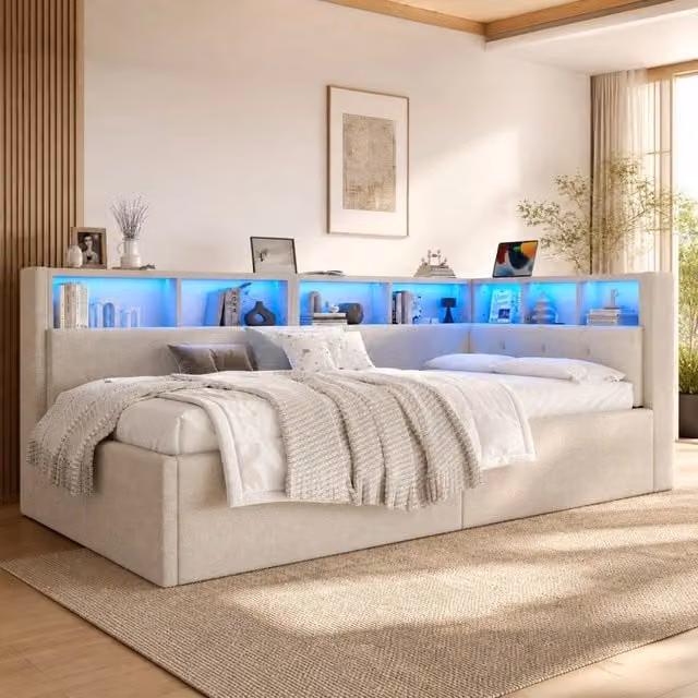 Letto da giorno ULEVR 90x200 cm con vano contenitore idraulico, LED multicolore e porte USB e Type-C, beige