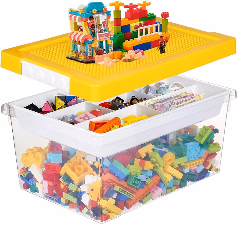 Contenitore con coperchio per blocchi da costruzione e piccoli pezzi