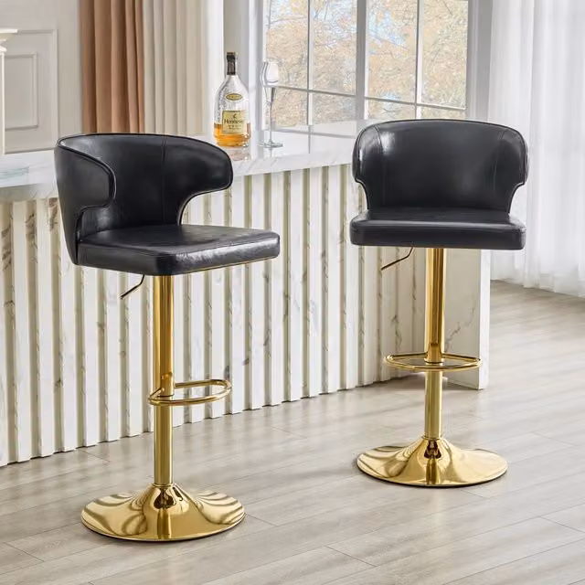 Sgabello da bar OKWISH girevole a 360° con schienale ergonomico e poggiapiedi, regolabile in altezza, rivestimento in ecopelle nera