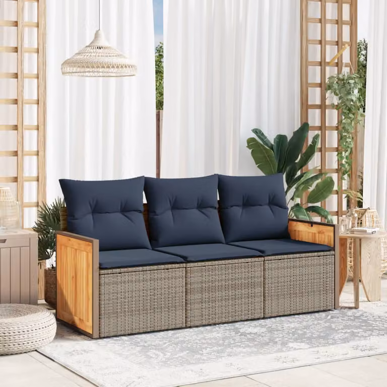 Set di divani da giardino vidaXL in 3 pezzi in polyrattan grigio con cuscini imbottiti e coperture rimovibili