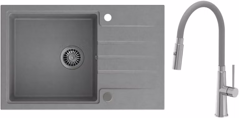 VBChome Lavello in granito grigio 78 x 50 cm Grigio Rubinetto flessibile Lavello in granito Lavello singolo Lavello da incasso Spruzzato Sifone