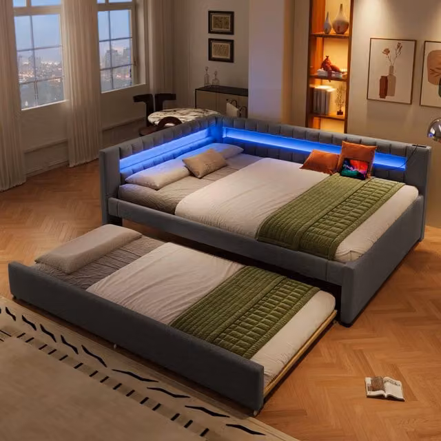 Letto divano 140×200 cm con letto estraibile 90×190 cm, LED regolabile, USB e Type-C, senza materasso, lino grigio