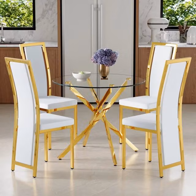 Tavolo da pranzo per 4 persone con vetro temperato e 4 sedie in poliuretano bianco con bordo oro, stile moderno, 88 cm