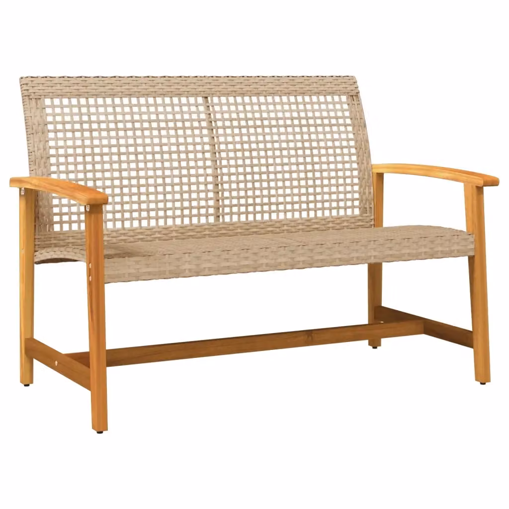 Panca da giardino moderna vidaXL in polyrattan e legno di acacia beige e marrone con cuscini e braccioli L: 112 cm – 2