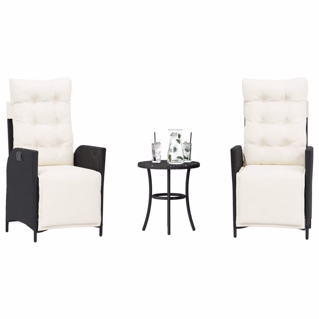 Set da Bistrò vidaXL in Polyrattan Nero con 3 Pezzi e Cuscini per Giardino e Balcone