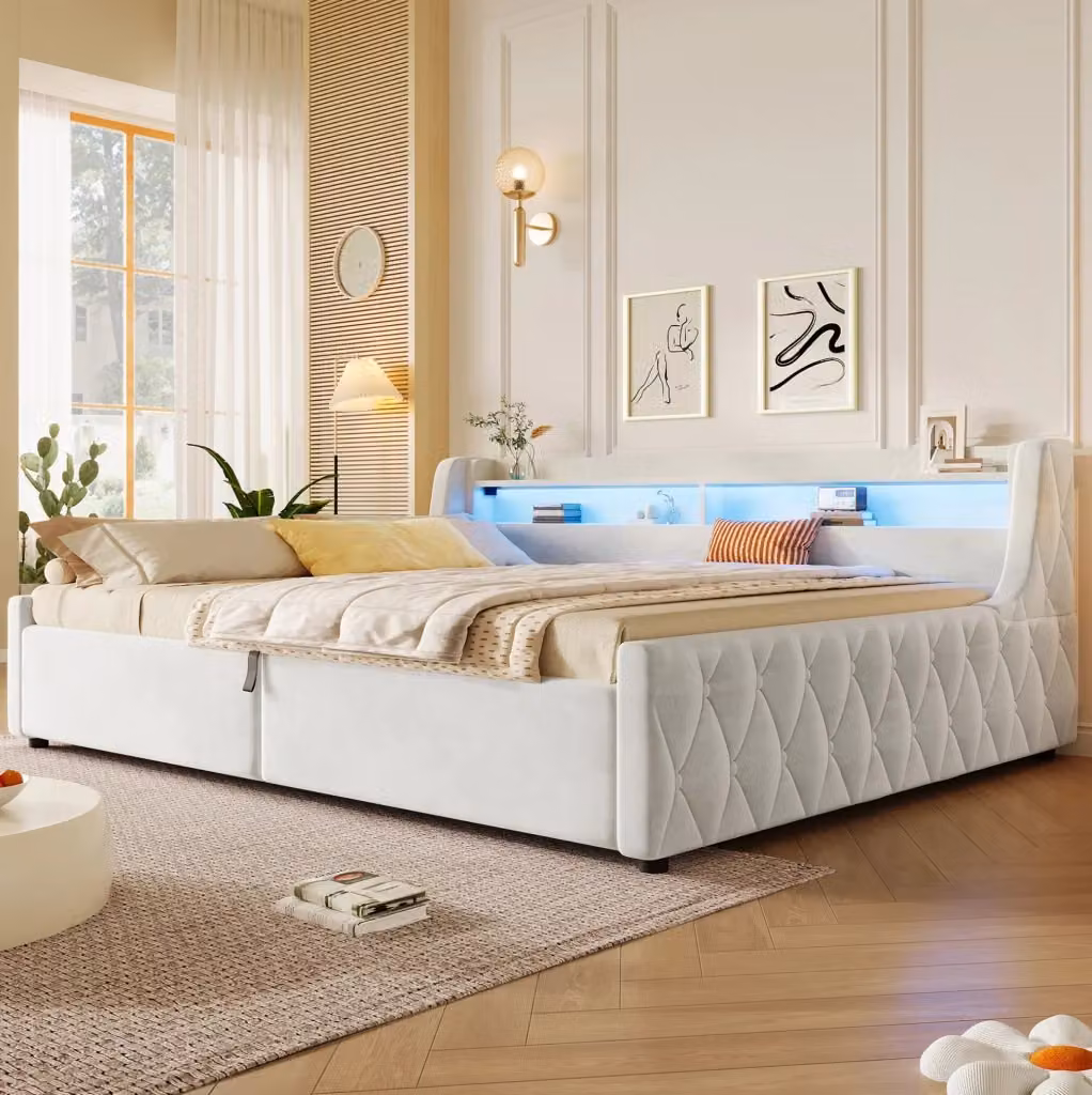 Letto imbottito MODFU con contenitore e testiera LED in flanella beige L/P: 140 x 200 cm – 2